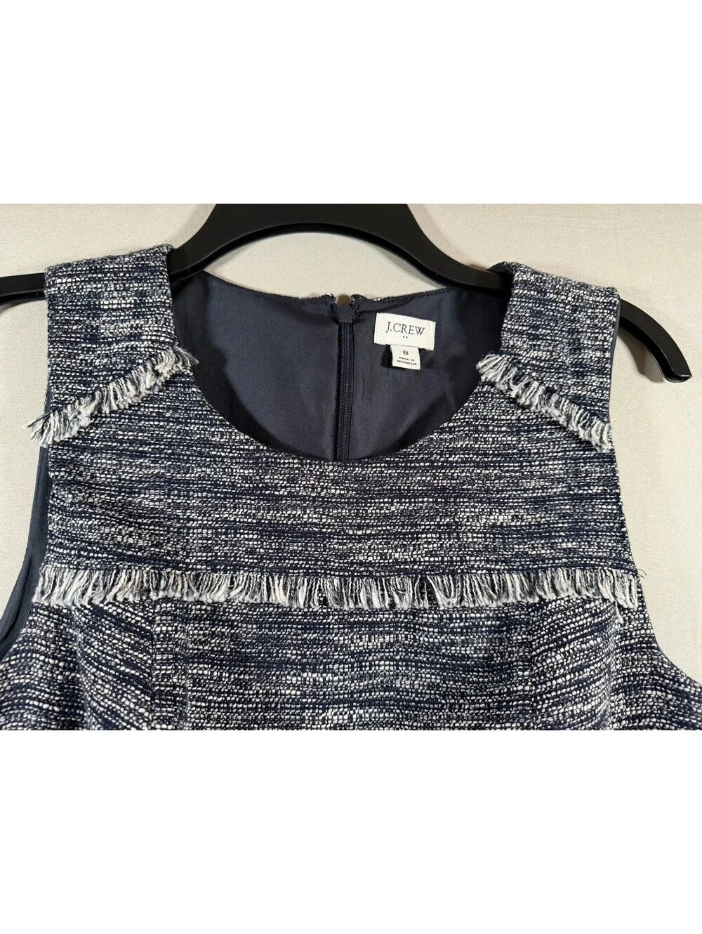 J.Crew Navy Blue White Tweed Fringe Trim Sleeveless Sheath Dress Size 8